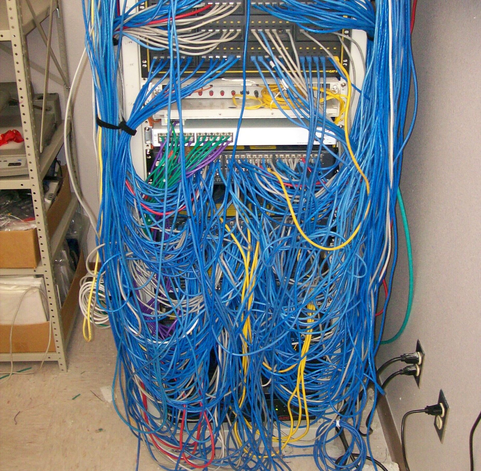 Network rack with a significant mess of network cables